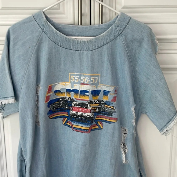 Zen Blue Light Wash denim mini dress tunic oversized shirt Chevy sz One Size - Picture 2 of 16